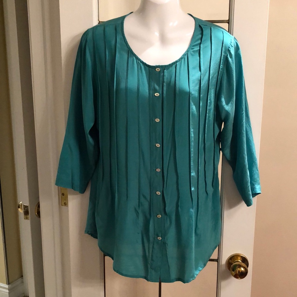 Silk Aquamarine Pleated Button-Front Women’s Top